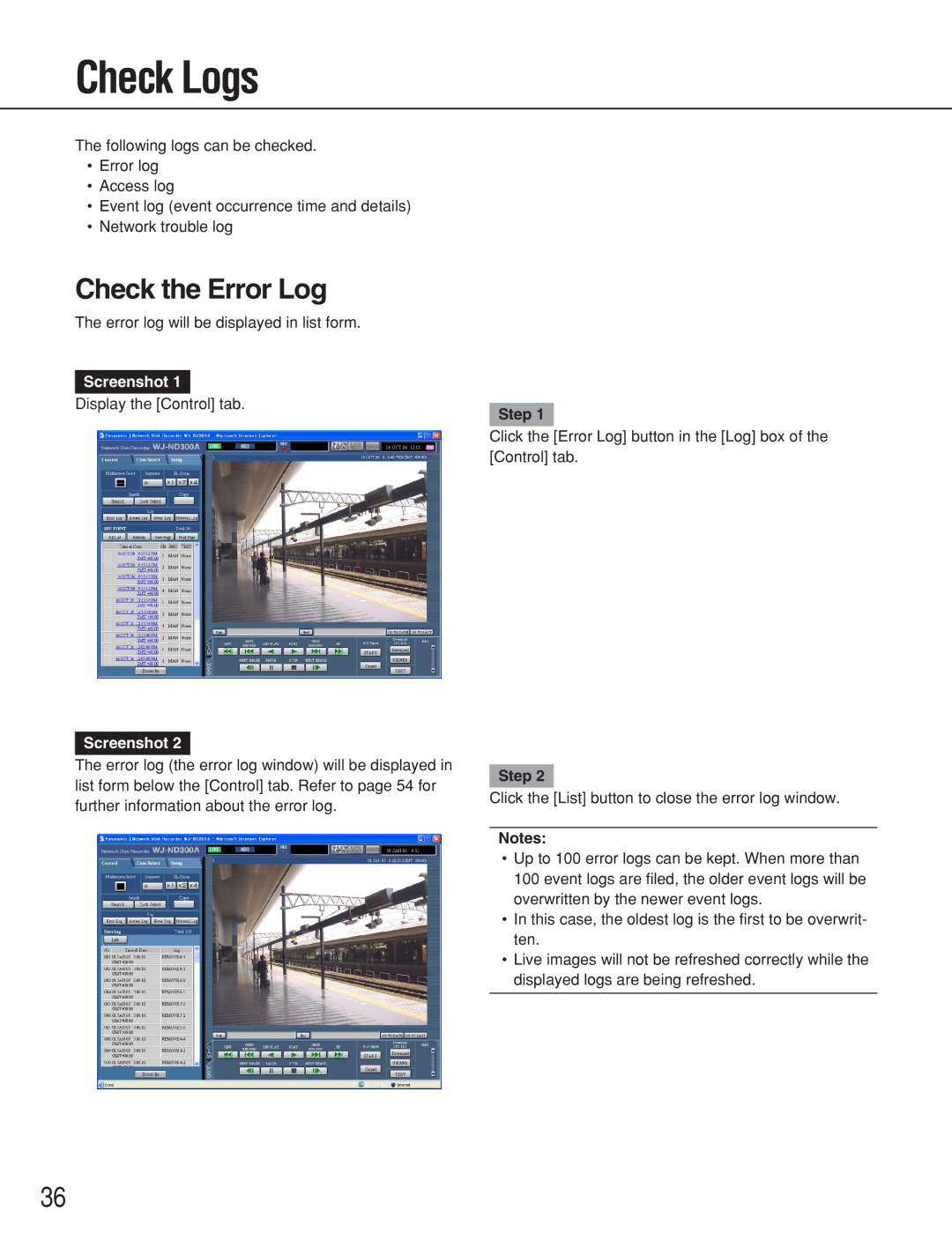 Panasonic WJ-ND300A operating instructions Check Logs, Check the Error Log 