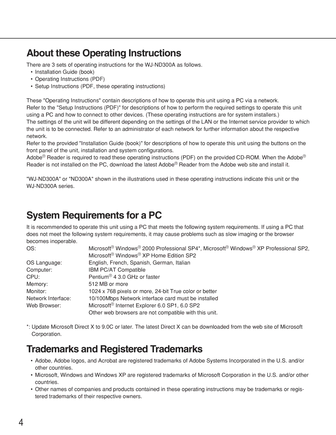 Panasonic WJ-ND300A About these Operating Instructions, System Requirements for a PC, Trademarks and Registered Trademarks 