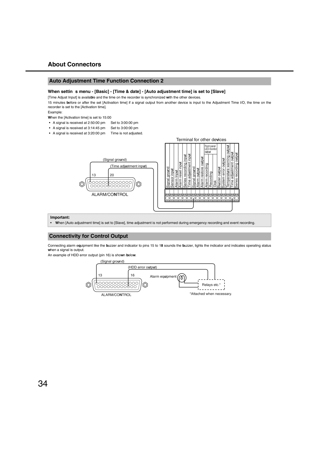 Panasonic WJ-ND400 manual Connectivity for Control Output, Signal ground Time adjustment input 