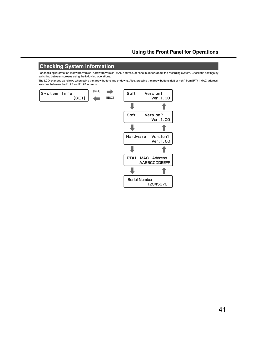 Panasonic WJ-ND400 manual Checking System Information, Using the Front Panel for Operations 