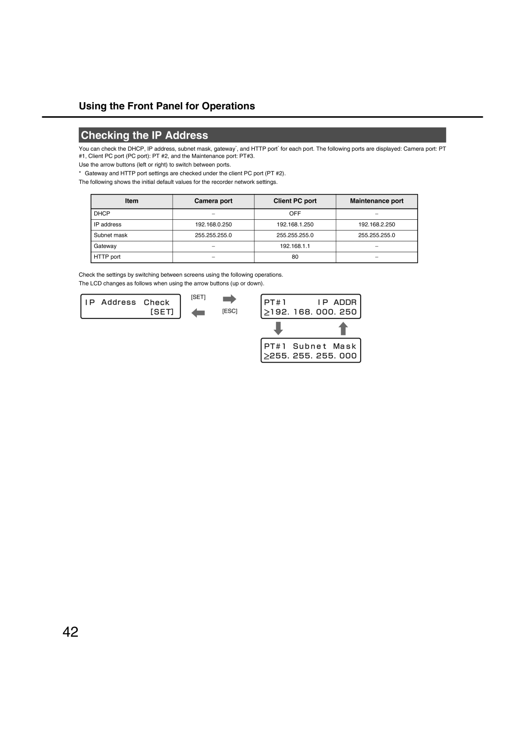 Panasonic WJ-ND400 manual Checking the IP Address, Camera port Client PC port Maintenance port 