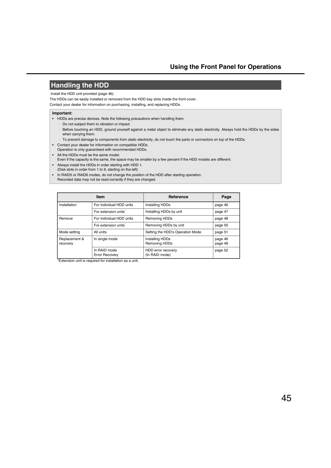 Panasonic WJ-ND400 manual Handling the HDD, Reference 