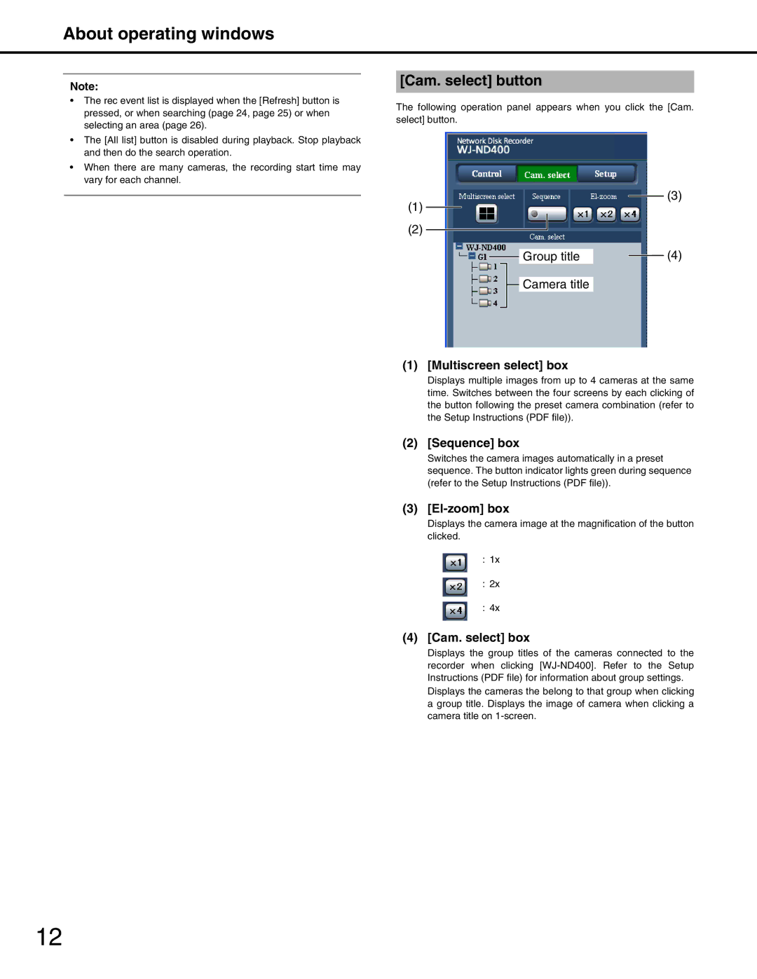 Panasonic WJ-ND400 manual Cam. select button, Multiscreen select box Sequence box El-zoom box, Cam. select box 