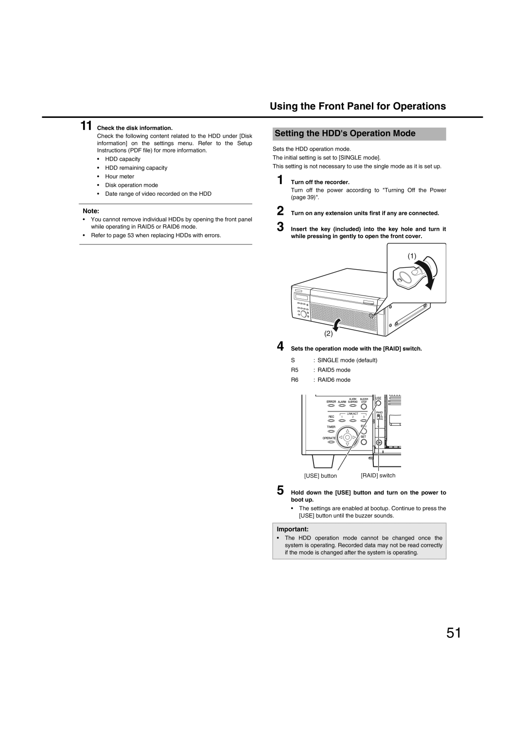 Panasonic WJ-ND400 manual Setting the HDDs Operation Mode, Turn off the recorder 