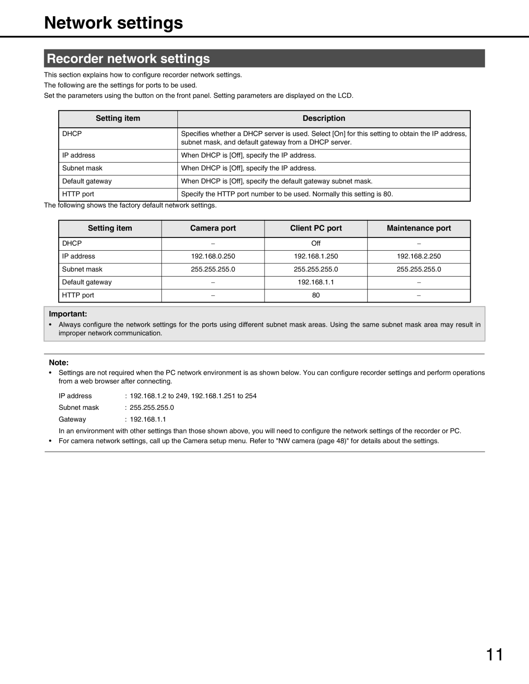 Panasonic WJ-ND400 Network settings, Recorder network settings, Setting item Camera port Client PC port Maintenance port 