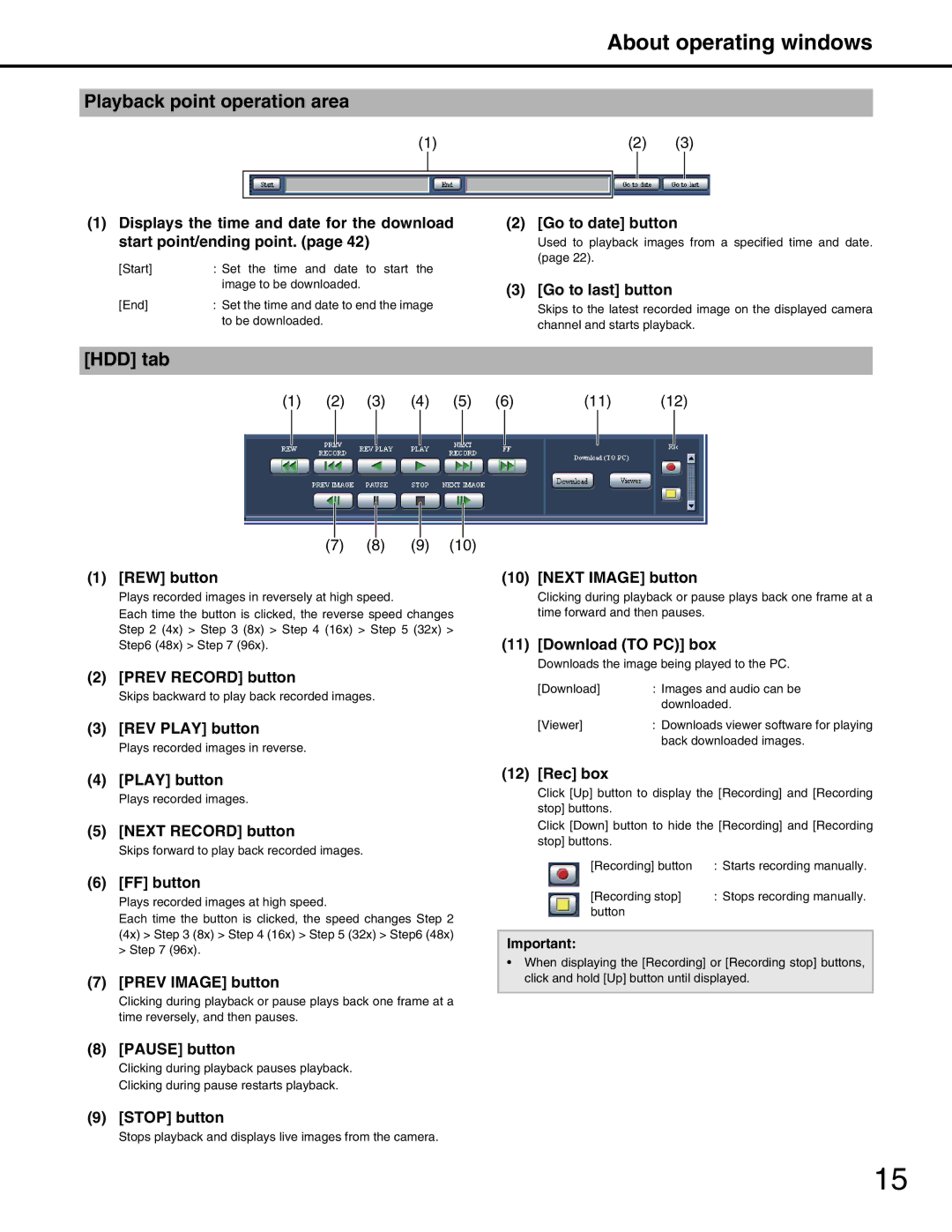 Panasonic WJ-ND400 manual Playback point operation area, HDD tab 