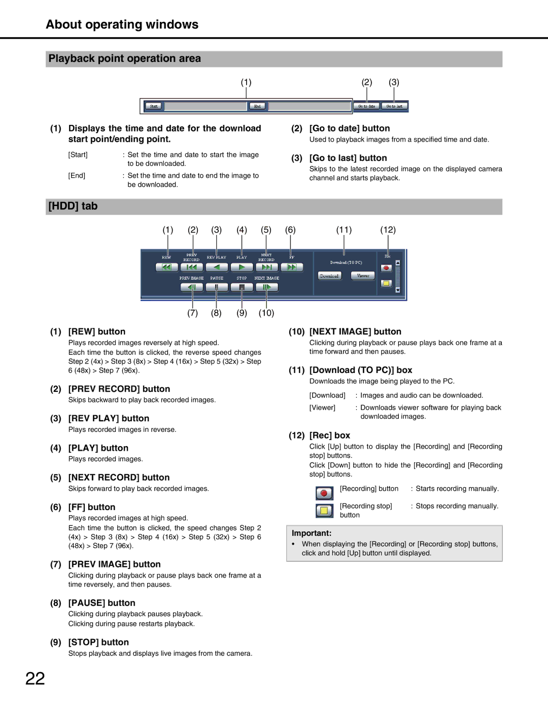 Panasonic WJ-ND400 manual Playback point operation area, Pause button Next Image button 