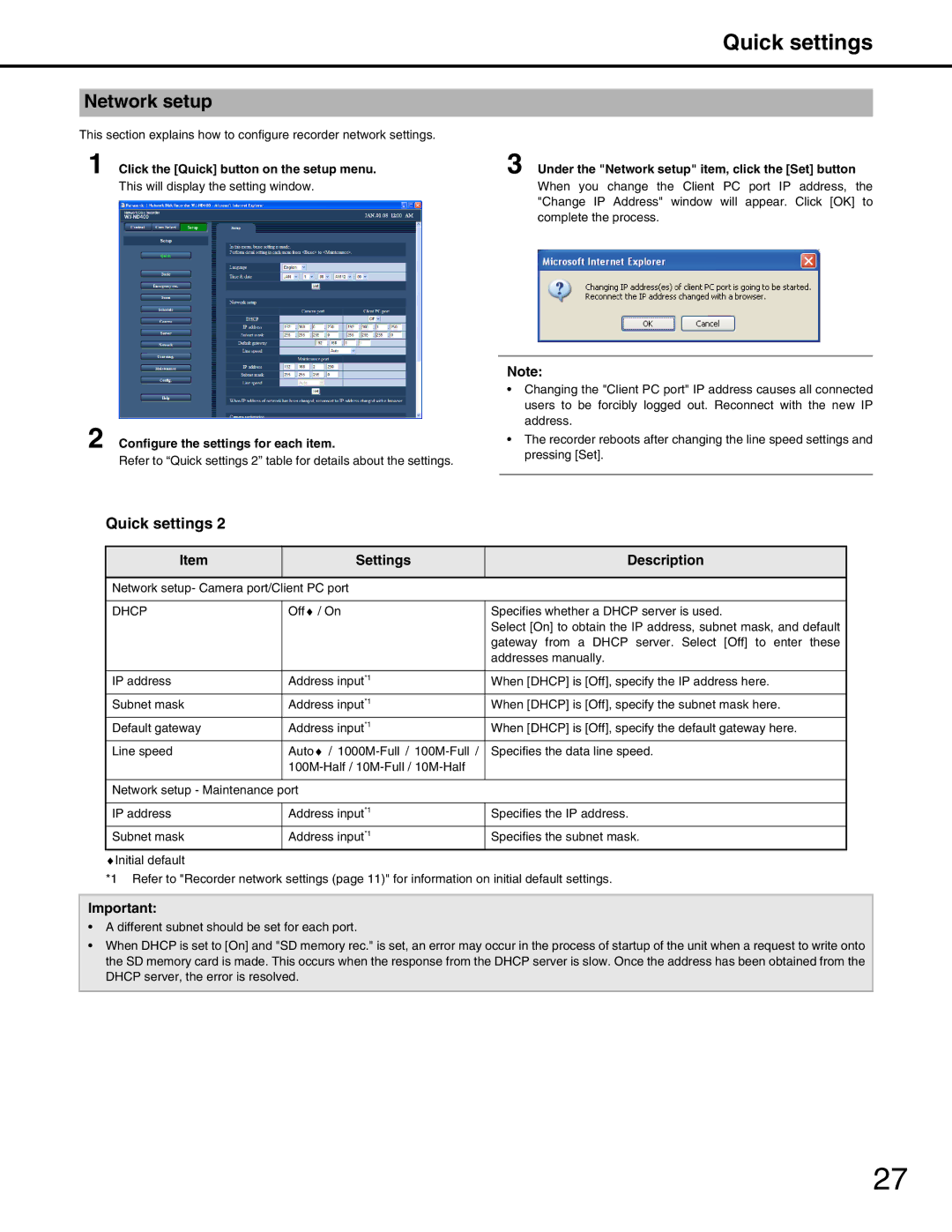 Panasonic WJ-ND400 manual Quick settings, Under the Network setup item, click the Set button 