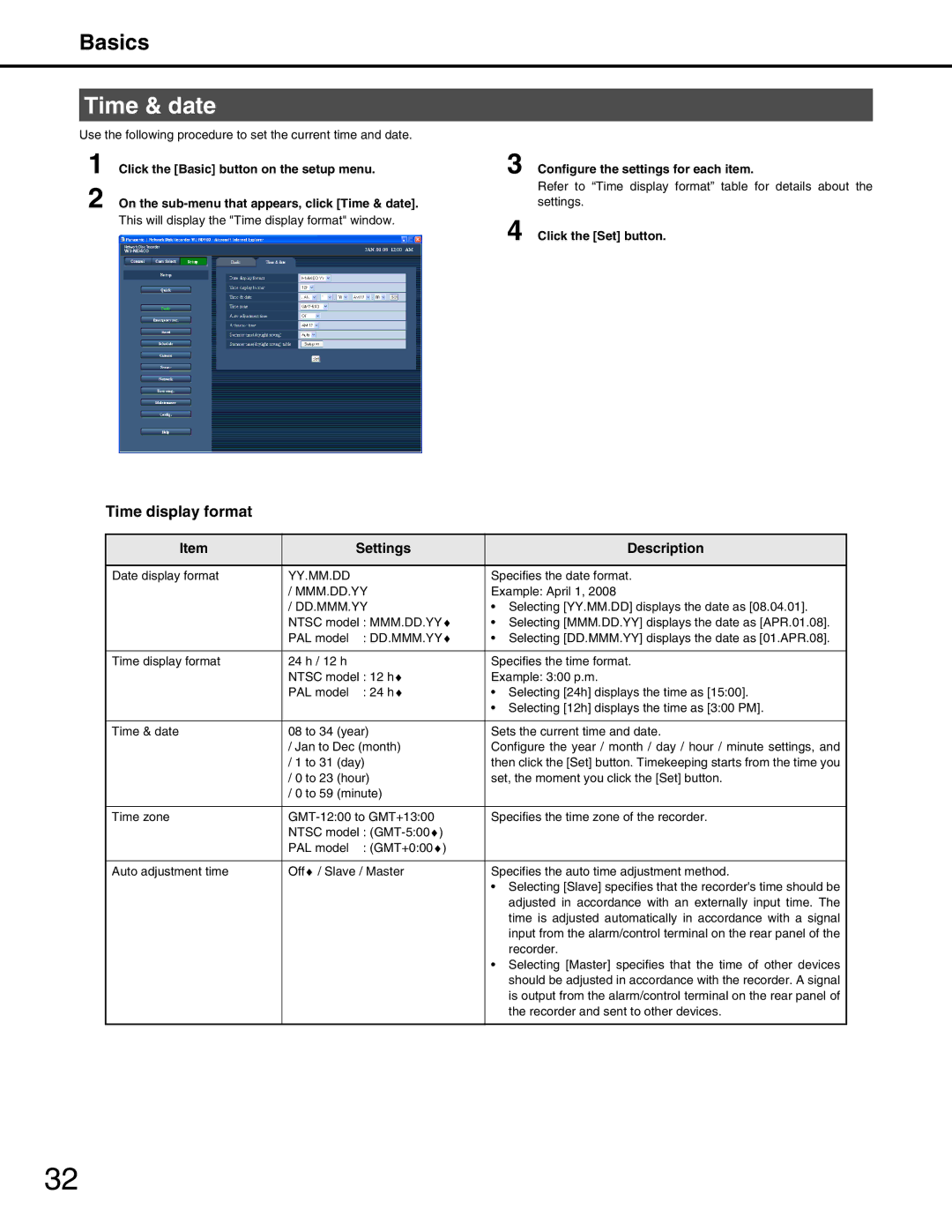 Panasonic WJ-ND400 manual Time & date, Basics, Time display format 