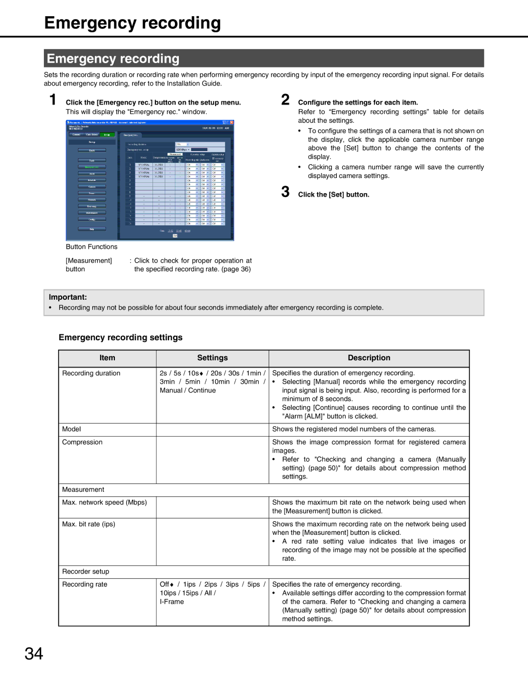 Panasonic WJ-ND400 manual Emergency recording settings, Click the Emergency rec. button on the setup menu 