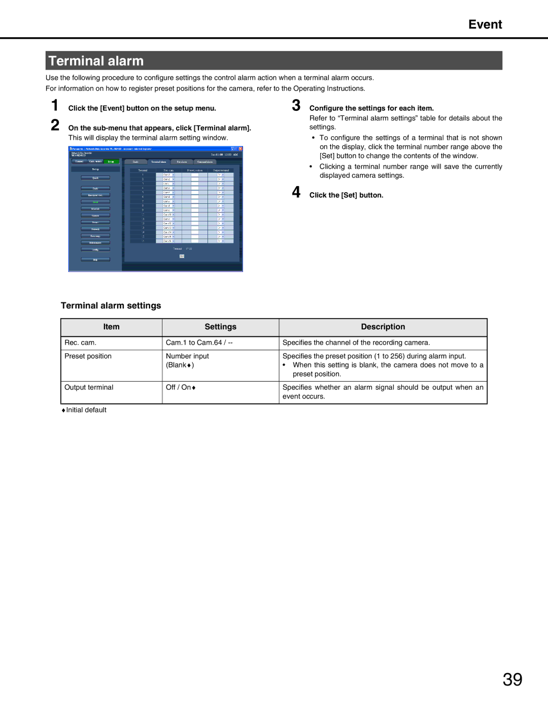 Panasonic WJ-ND400 manual Terminal alarm settings 