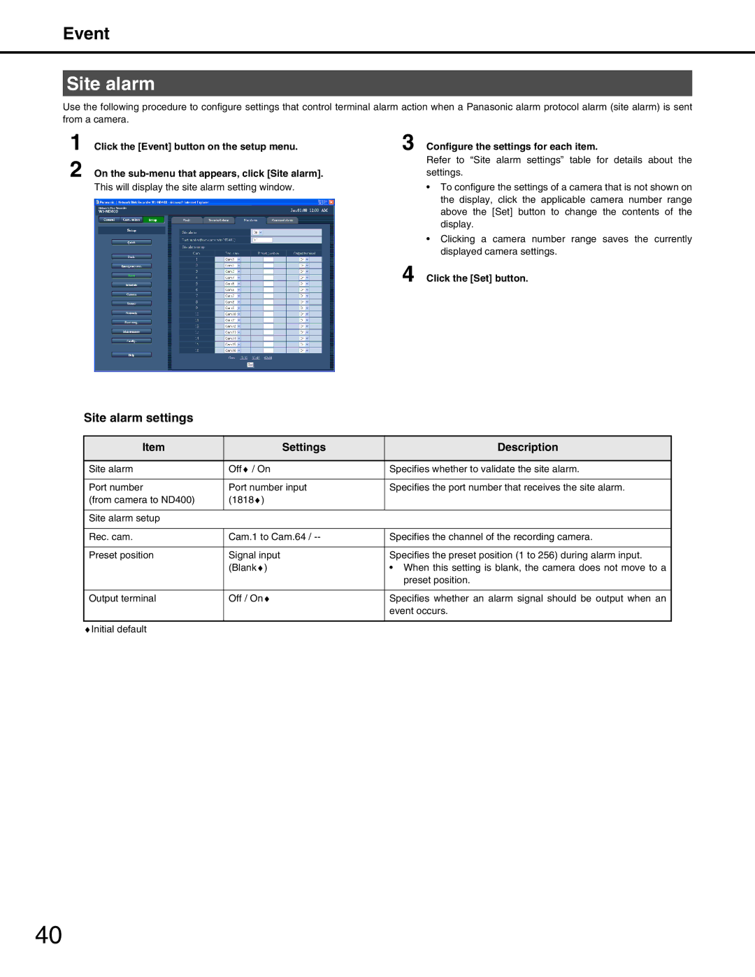 Panasonic WJ-ND400 manual Site alarm settings 