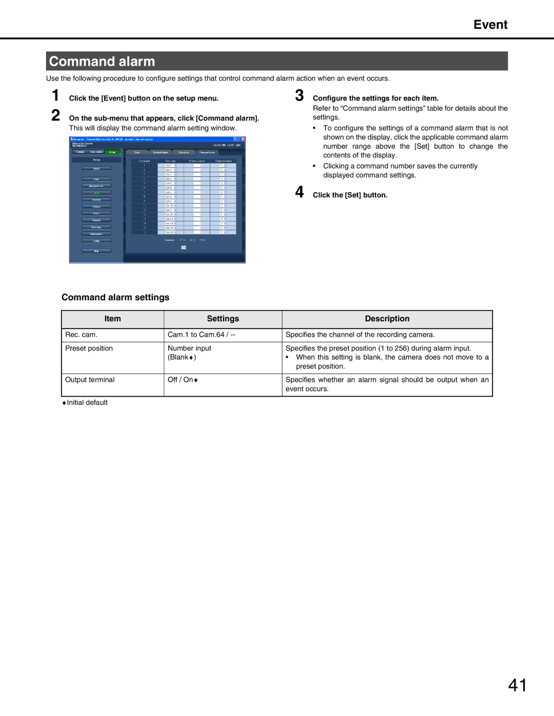 Panasonic WJ-ND400 manual Command alarm settings 