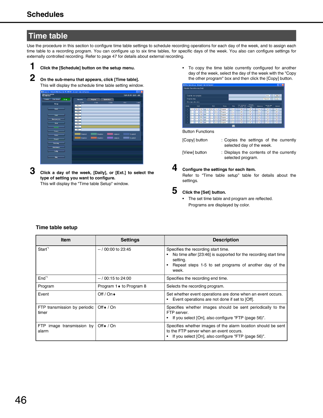 Panasonic WJ-ND400 manual Time table setup, Type of setting you want to configure 