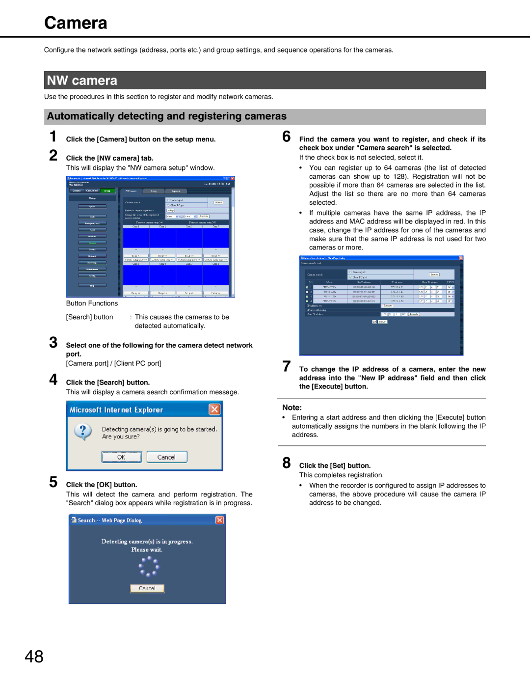 Panasonic WJ-ND400 manual Camera, NW camera, Automatically detecting and registering cameras, Port, Click the Search button 