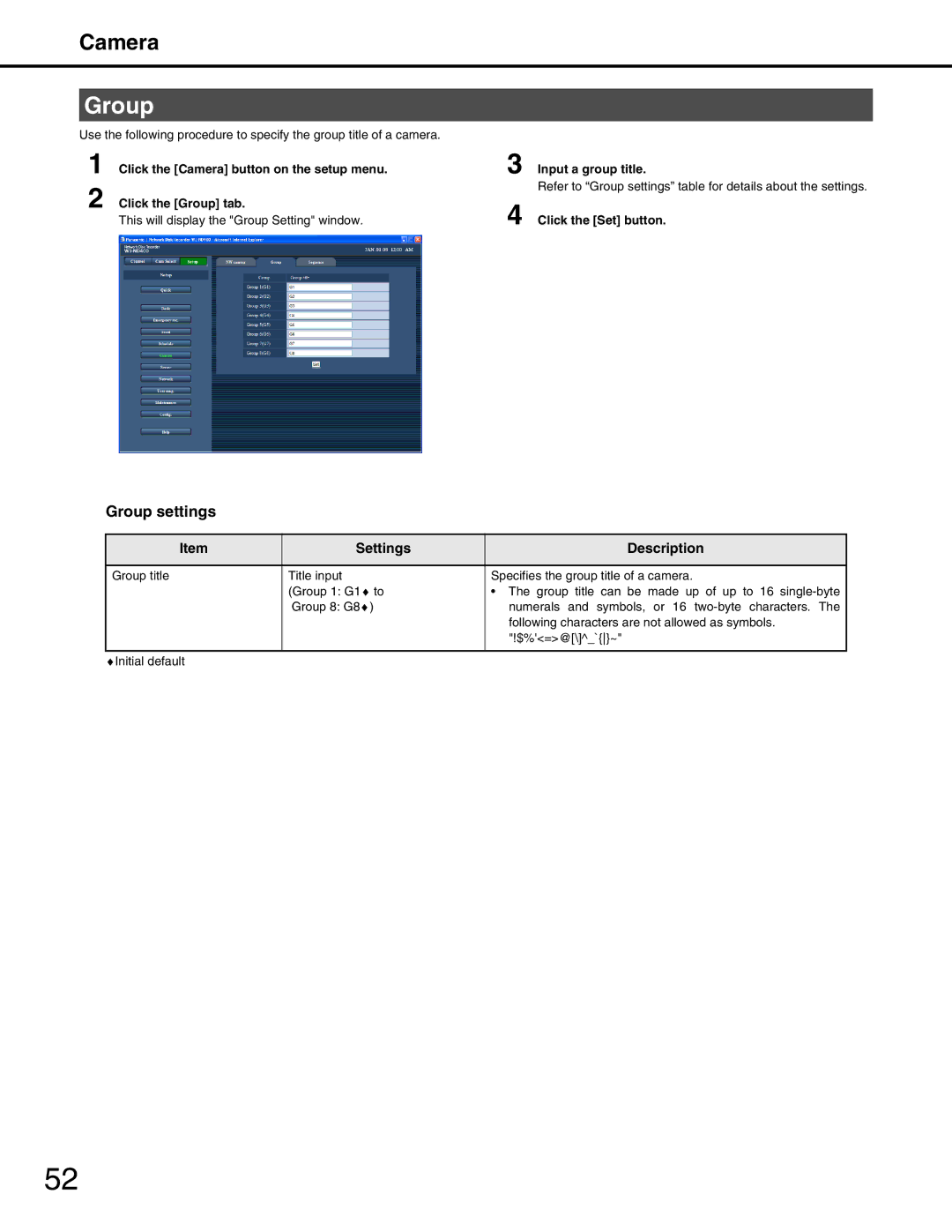 Panasonic WJ-ND400 manual Group settings, Input a group title 