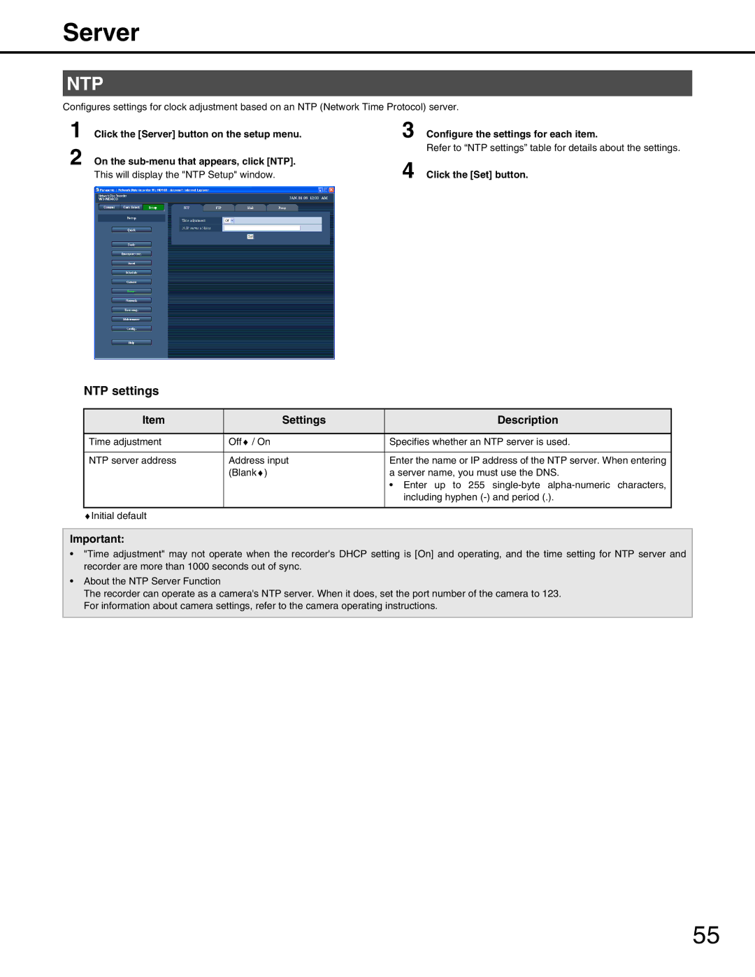 Panasonic WJ-ND400 manual Server, NTP settings 