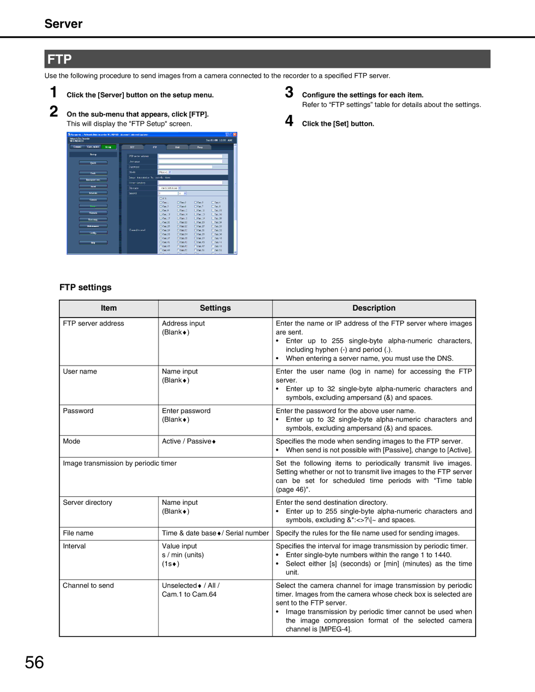 Panasonic WJ-ND400 manual Server, FTP settings 