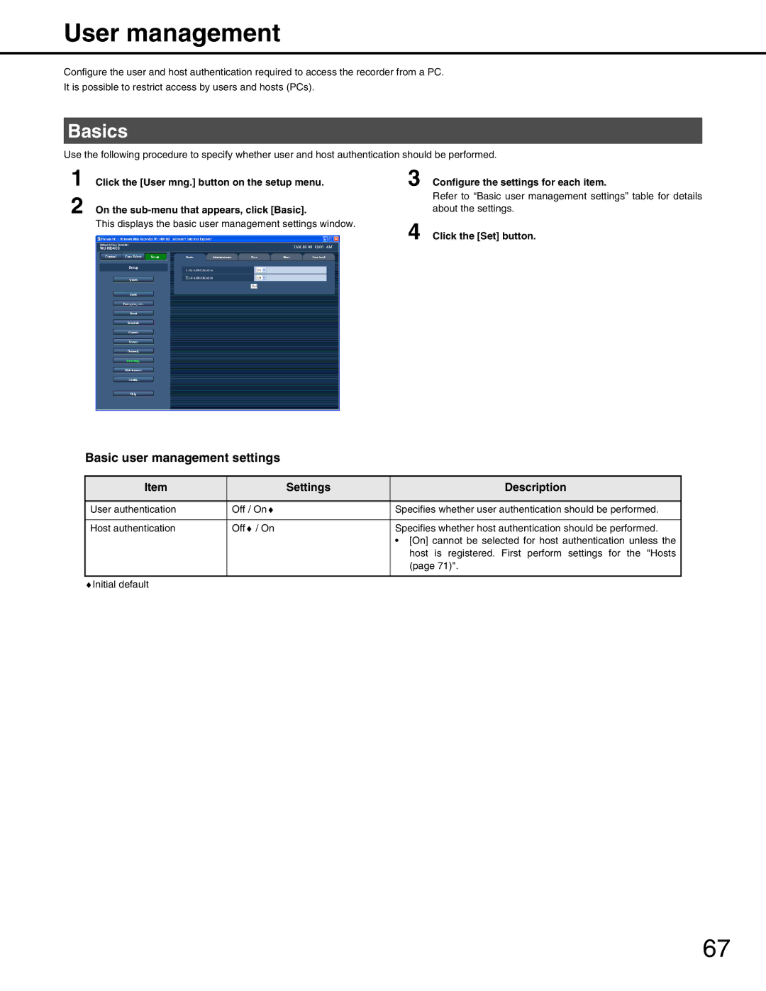 Panasonic WJ-ND400 manual User management, Basic user management settings 