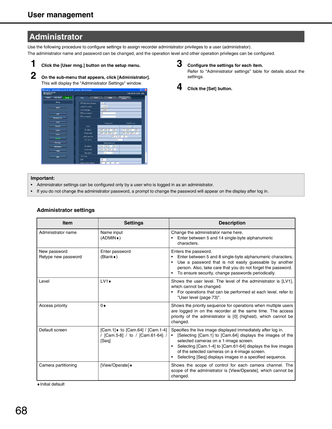 Panasonic WJ-ND400 manual User management, Administrator settings 