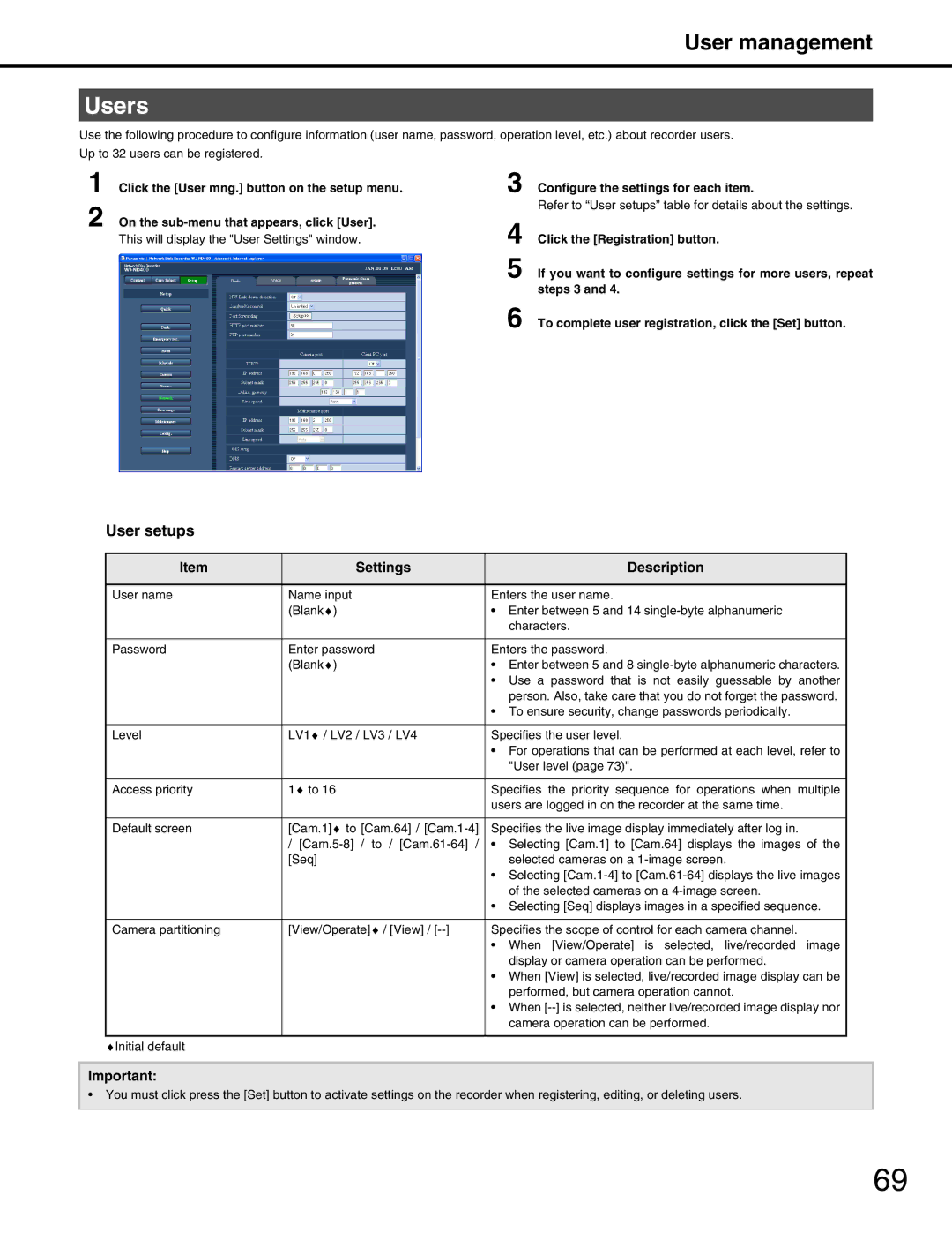 Panasonic WJ-ND400 manual Users, User setups 