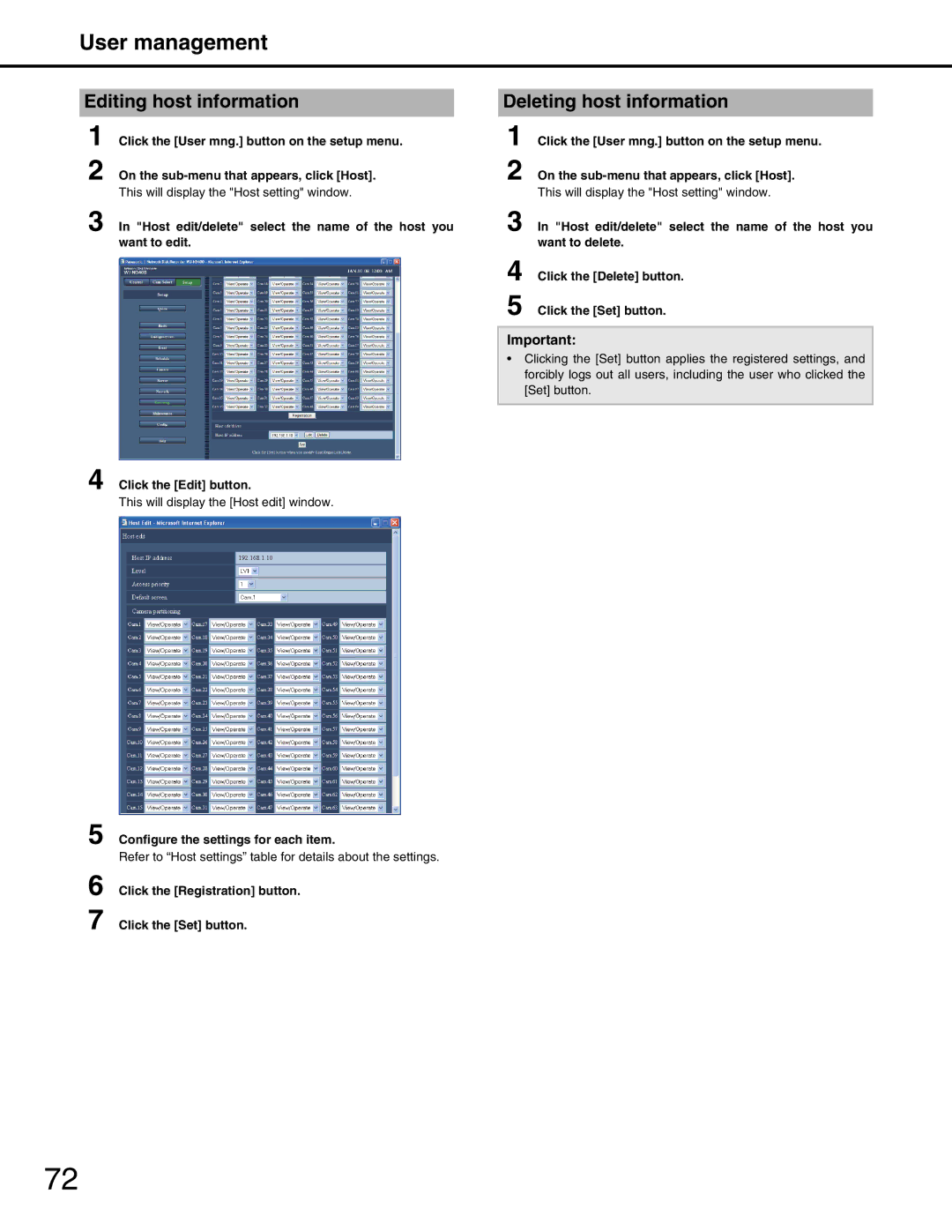 Panasonic WJ-ND400 manual Editing host information, Deleting host information 