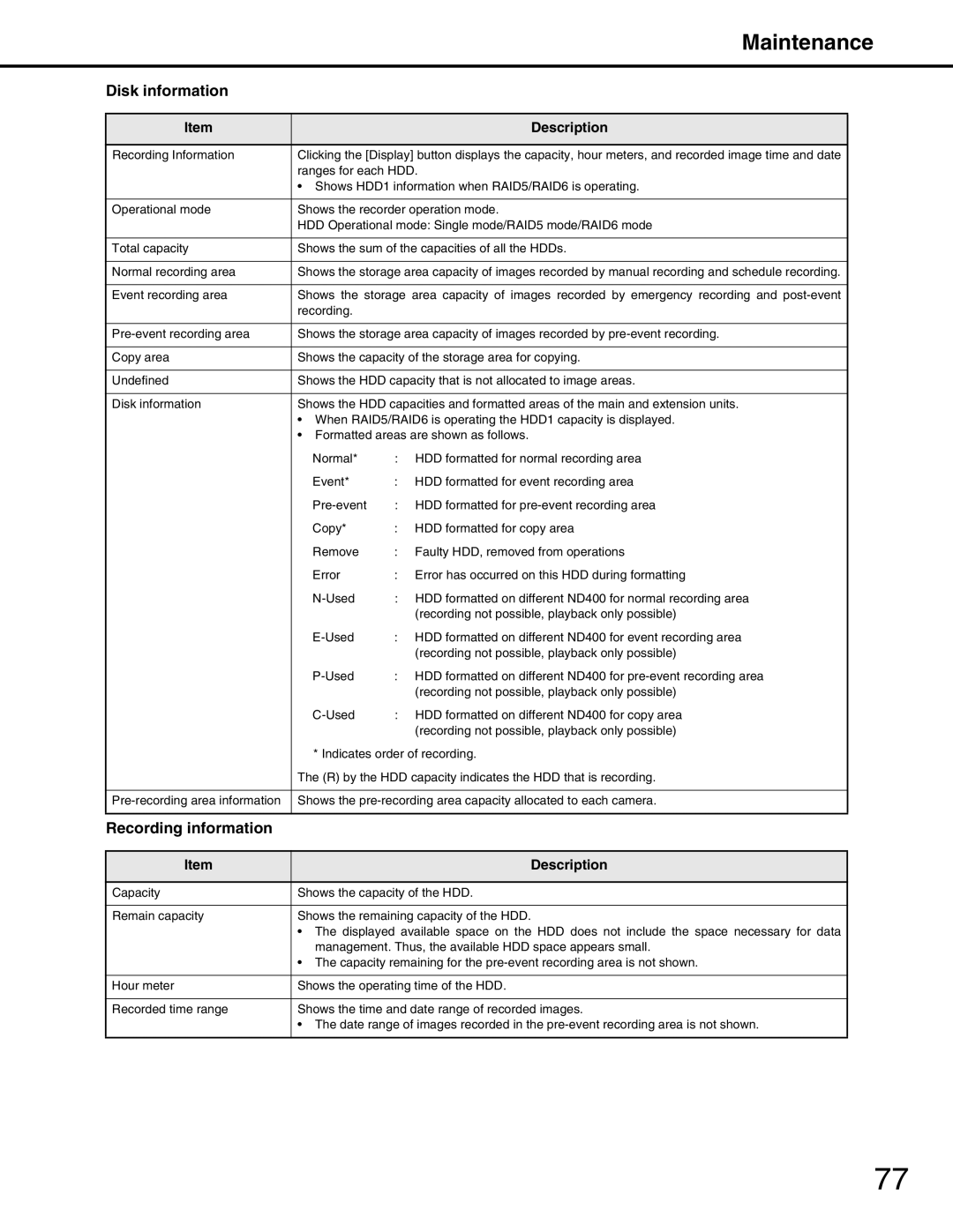 Panasonic WJ-ND400 manual Disk information, Recording information 