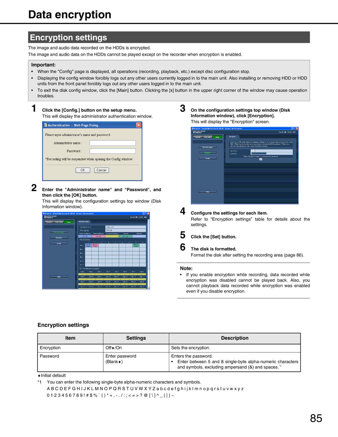 Panasonic WJ-ND400 manual Data encryption, Encryption settings, Information window, click Encryption 