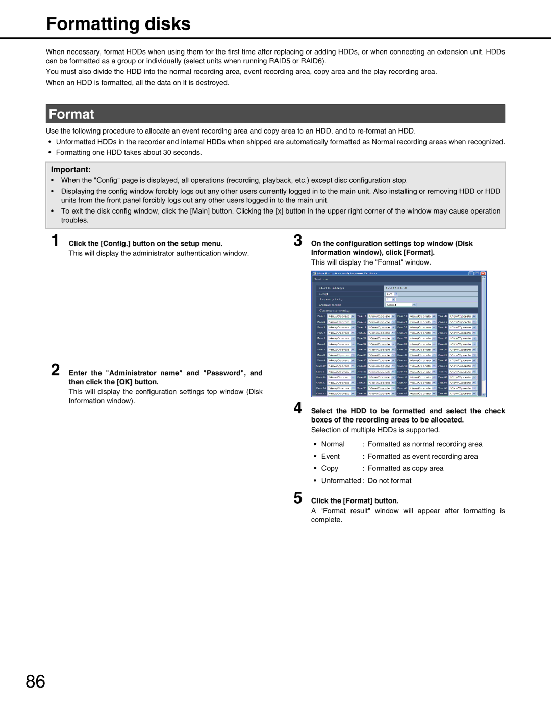 Panasonic WJ-ND400 manual Formatting disks, Information window, click Format, Click the Format button 