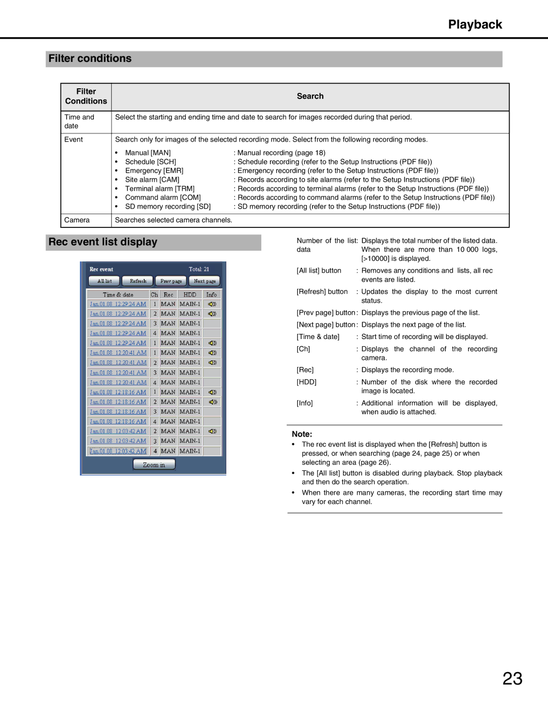 Panasonic WJ-ND400 manual Filter conditions, Rec event list display, Filter Search Conditions 