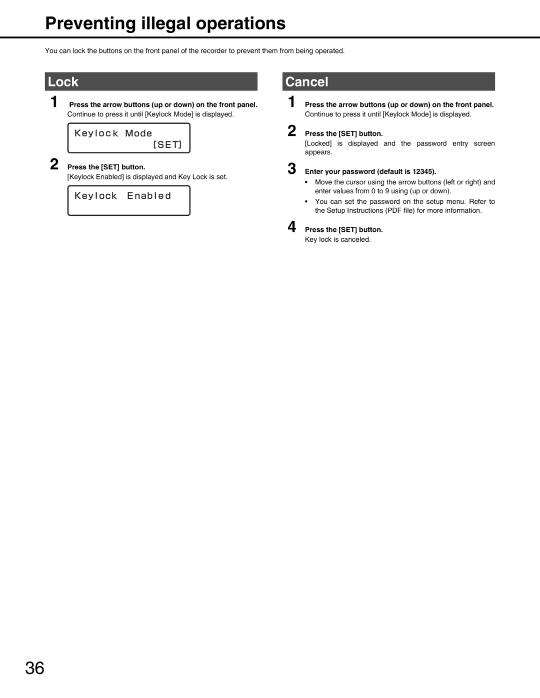 Panasonic WJ-ND400 manual Preventing illegal operations, Lock, Cancel 