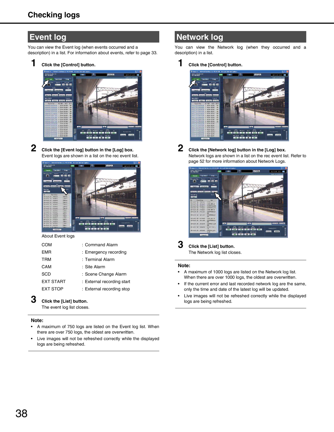 Panasonic WJ-ND400 manual Event log, Network log, Checking logs 