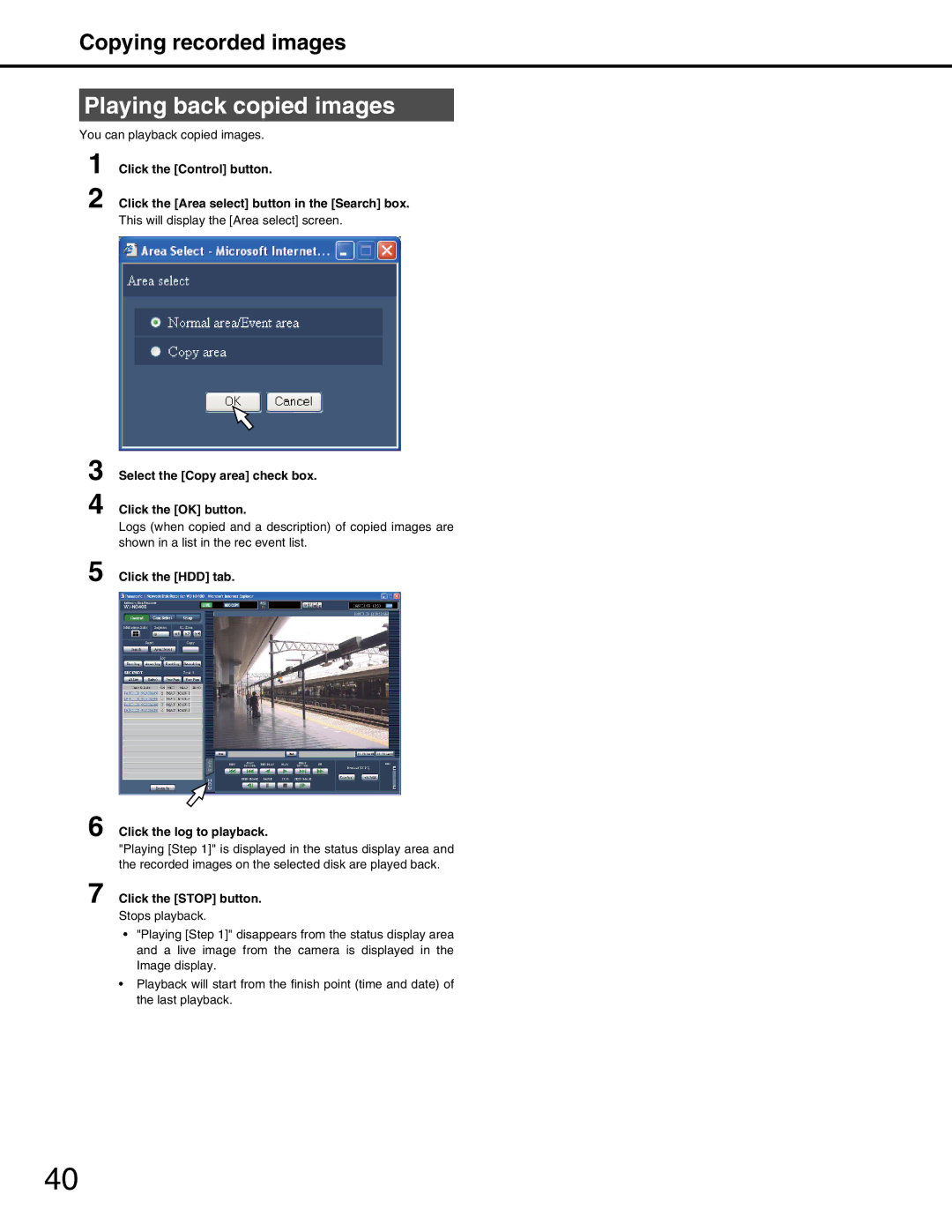 Panasonic WJ-ND400 Playing back copied images, Copying recorded images, Select the Copy area check box Click the OK button 