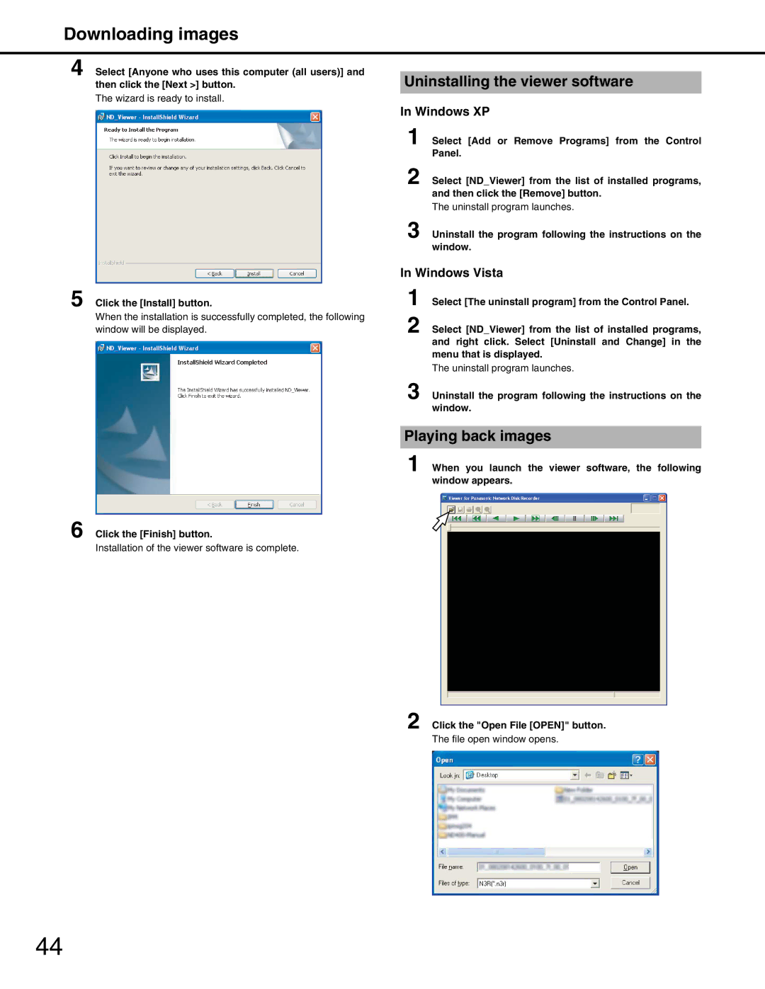 Panasonic WJ-ND400 manual Uninstalling the viewer software, Playing back images, Windows XP, Windows Vista 