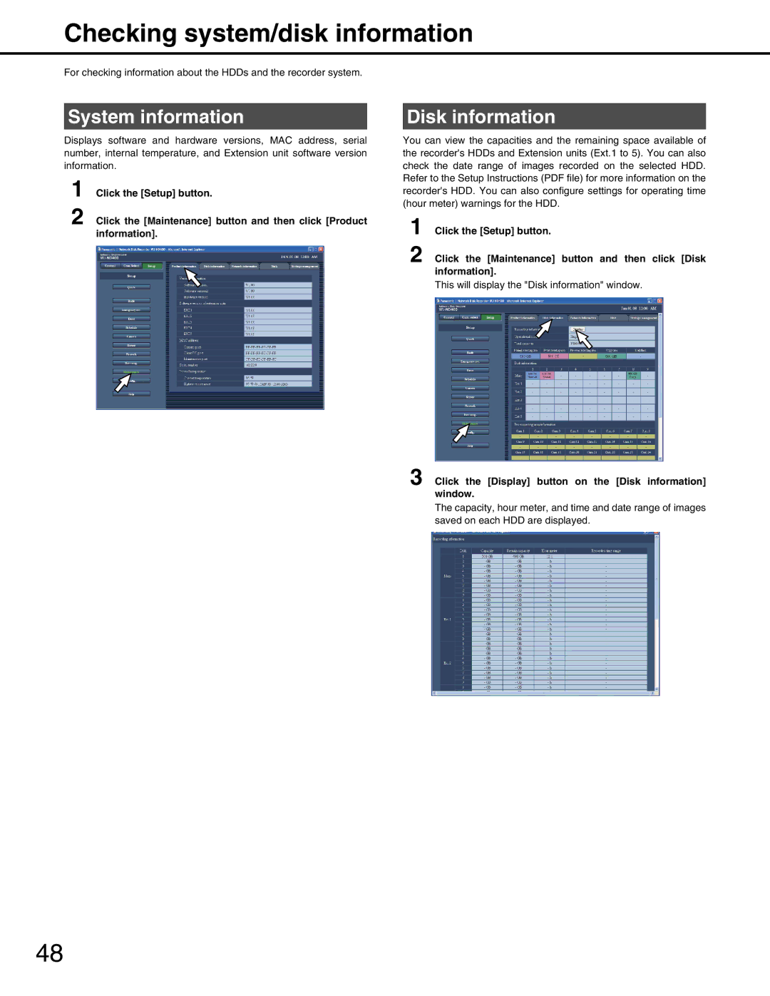 Panasonic WJ-ND400 manual Checking system/disk information, System information, Disk information 