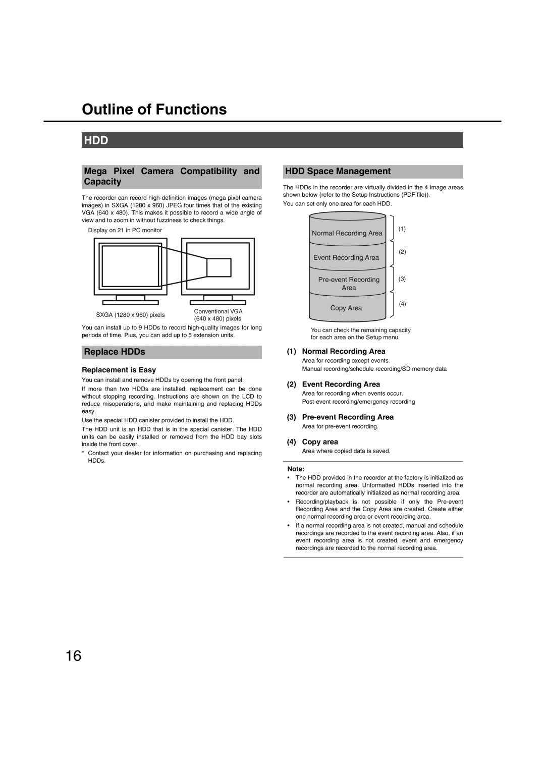 Panasonic WJ-ND400 Outline of Functions, Mega Pixel Camera Compatibility and Capacity, HDD Space Management, Replace HDDs 