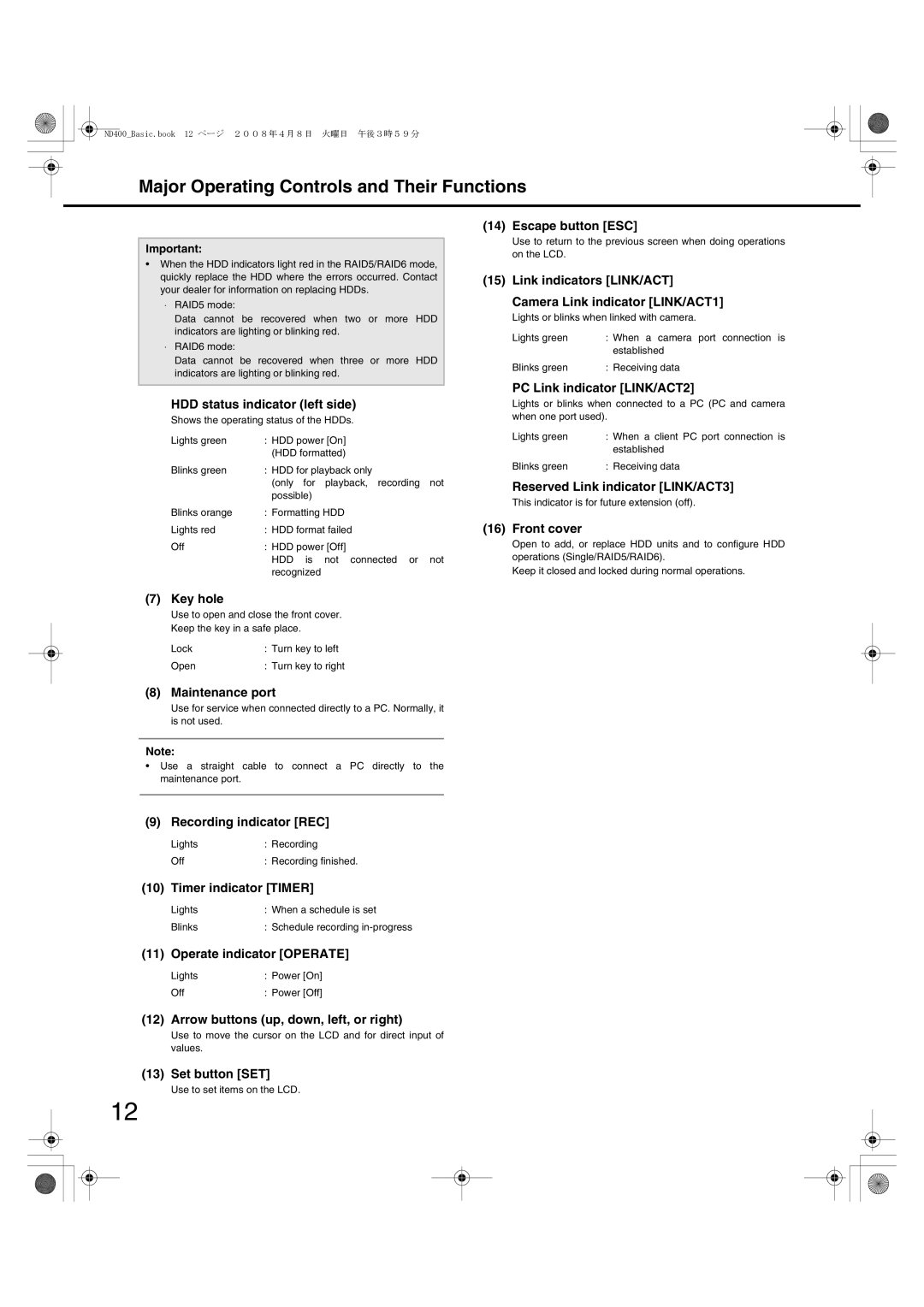 Panasonic WJ-ND400 manual Major Operating Controls and Their Functions 