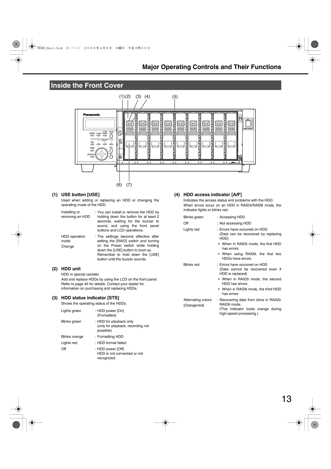 Panasonic WJ-ND400 Inside the Front Cover, USE button USE, HDD access indicator A/F, HDD unit, HDD status indicator STS 