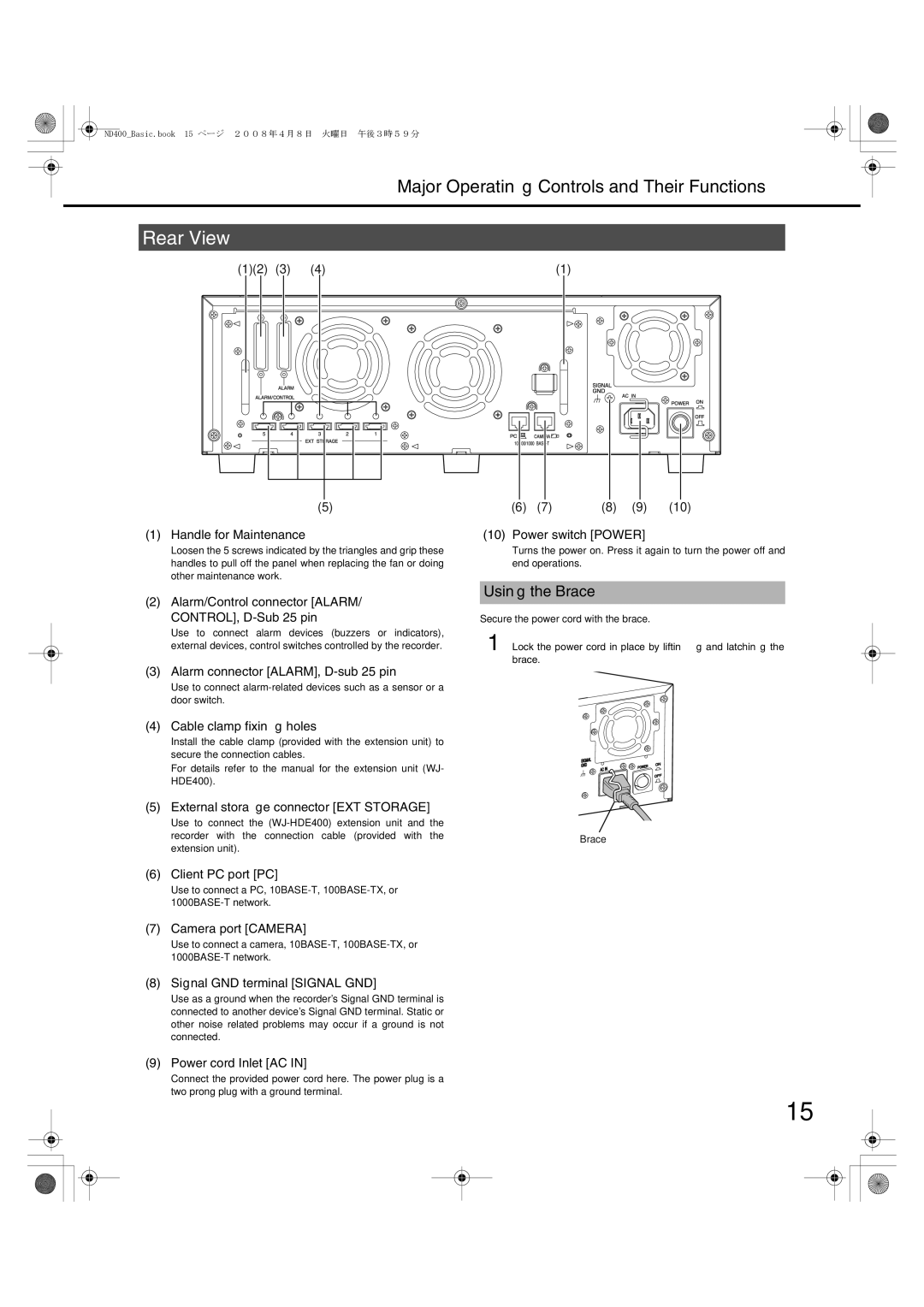 Panasonic WJ-ND400 manual Rear View, Using the Brace 