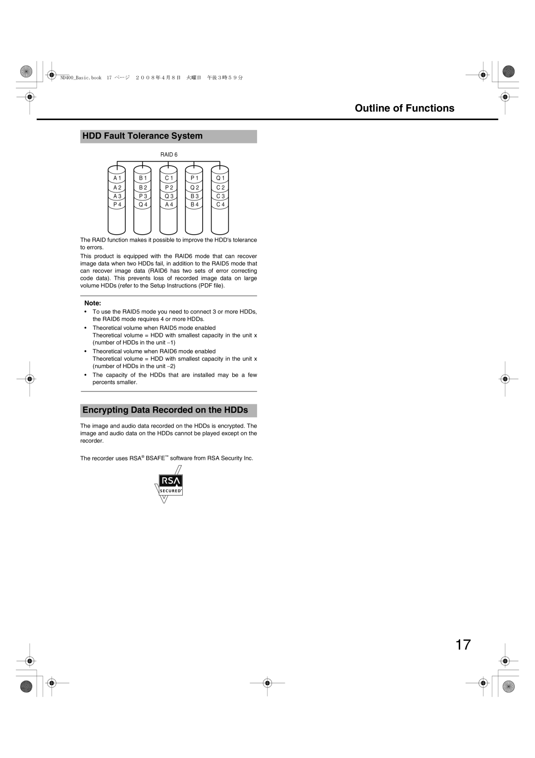 Panasonic WJ-ND400 manual Outline of Functions, HDD Fault Tolerance System, Encrypting Data Recorded on the HDDs 