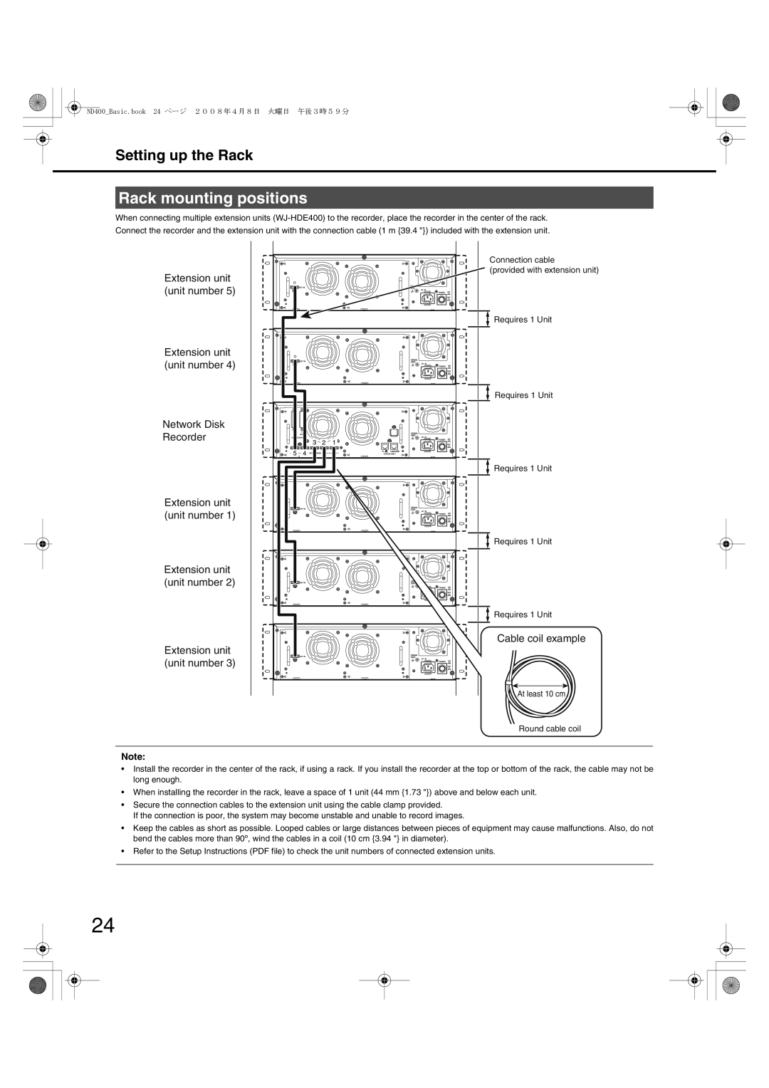 Panasonic WJ-ND400 manual Rack mounting positions, Setting up the Rack 