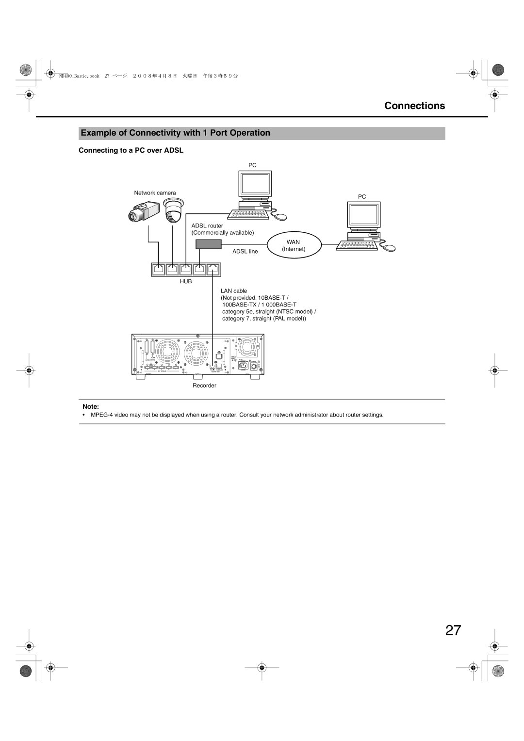 Panasonic WJ-ND400 manual Example of Connectivity with 1 Port Operation, Connecting to a PC over Adsl 