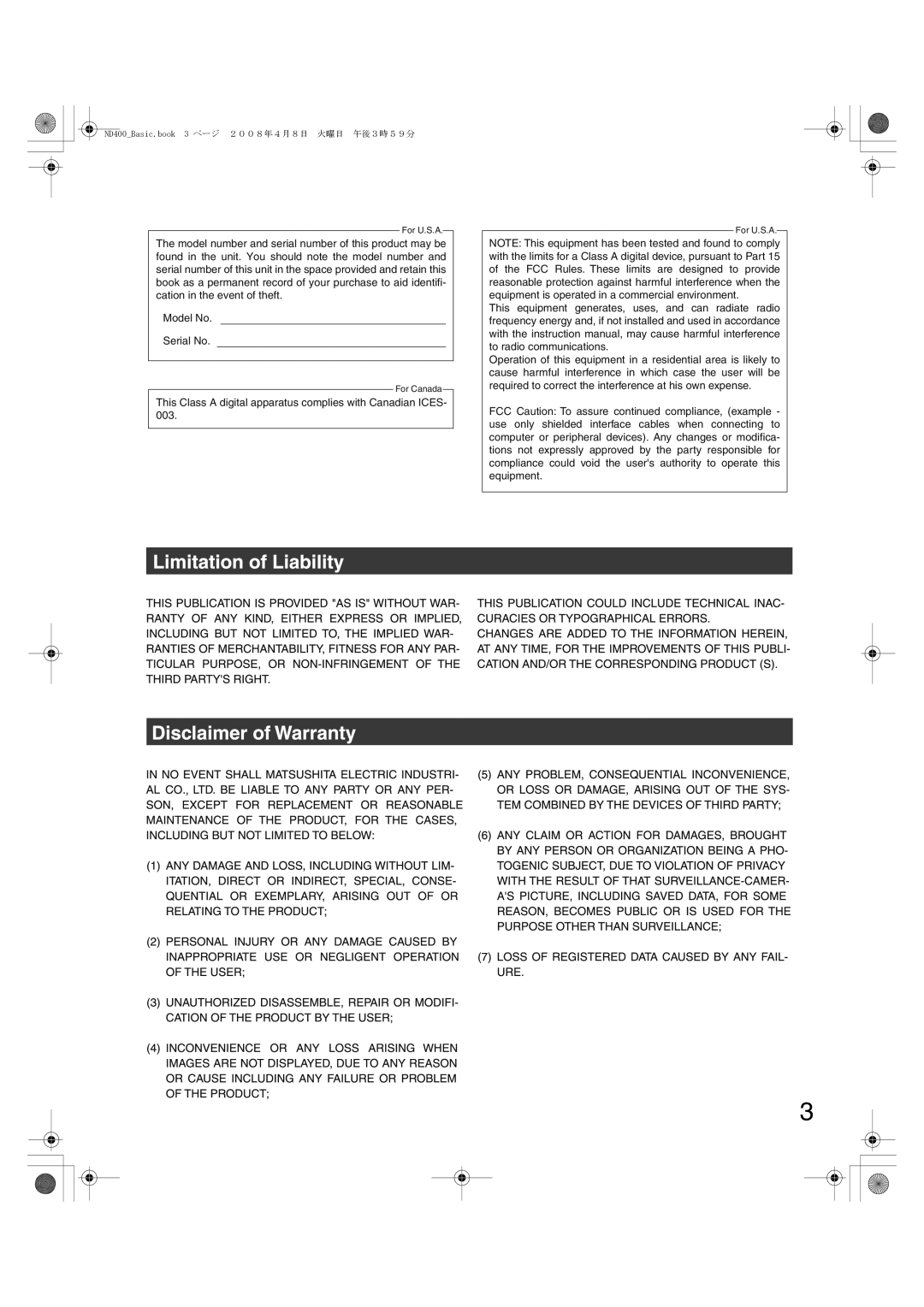 Panasonic WJ-ND400 manual This Class a digital apparatus complies with Canadian Ices 