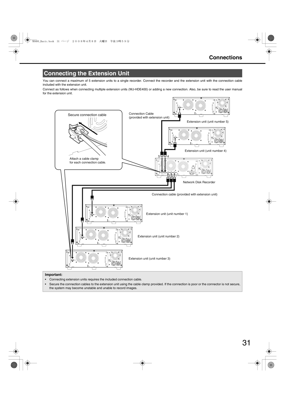 Panasonic WJ-ND400 manual Connecting the Extension Unit, Secure connection cable 