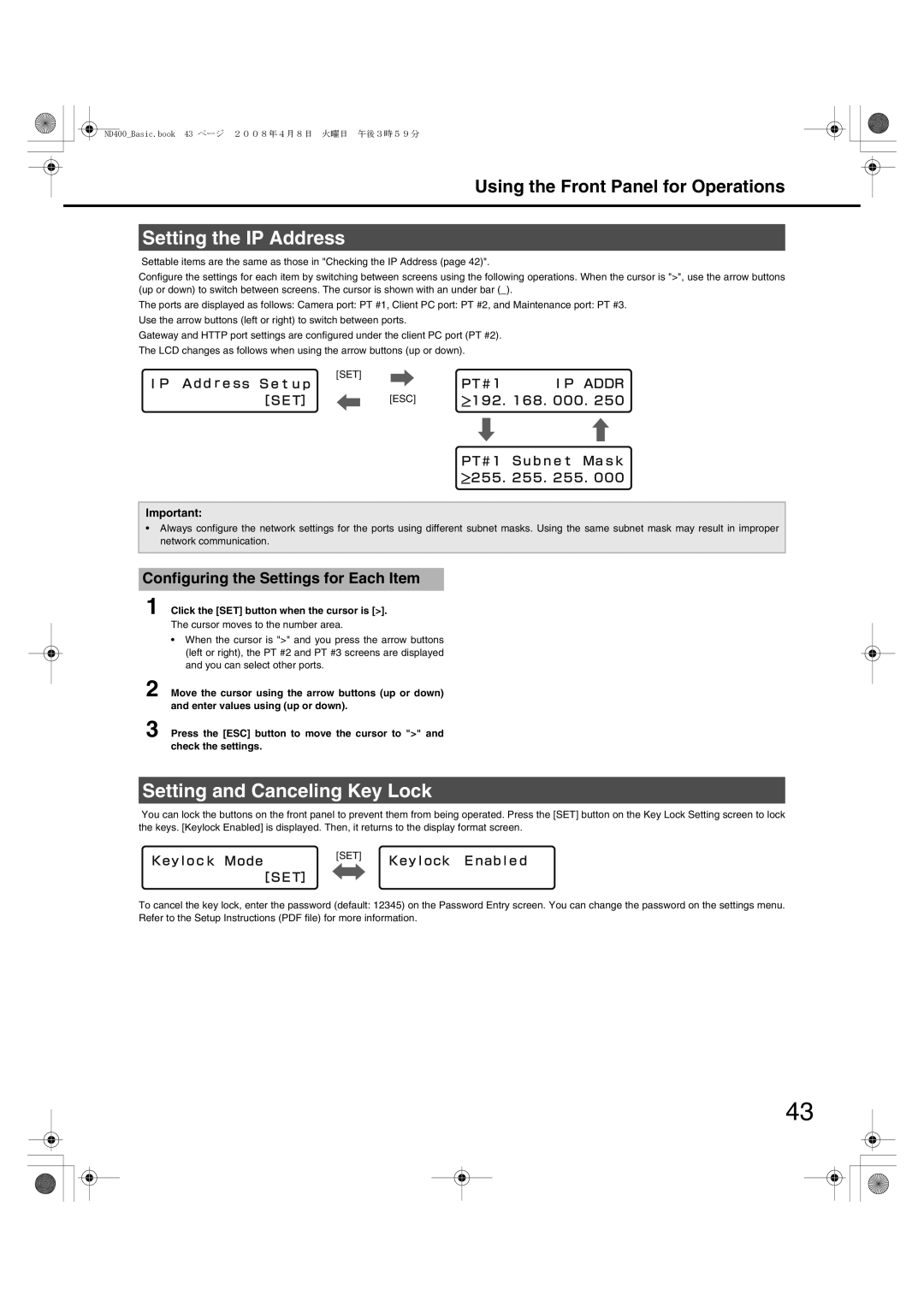 Panasonic WJ-ND400 manual Setting the IP Address, Setting and Canceling Key Lock, Configuring the Settings for Each Item 