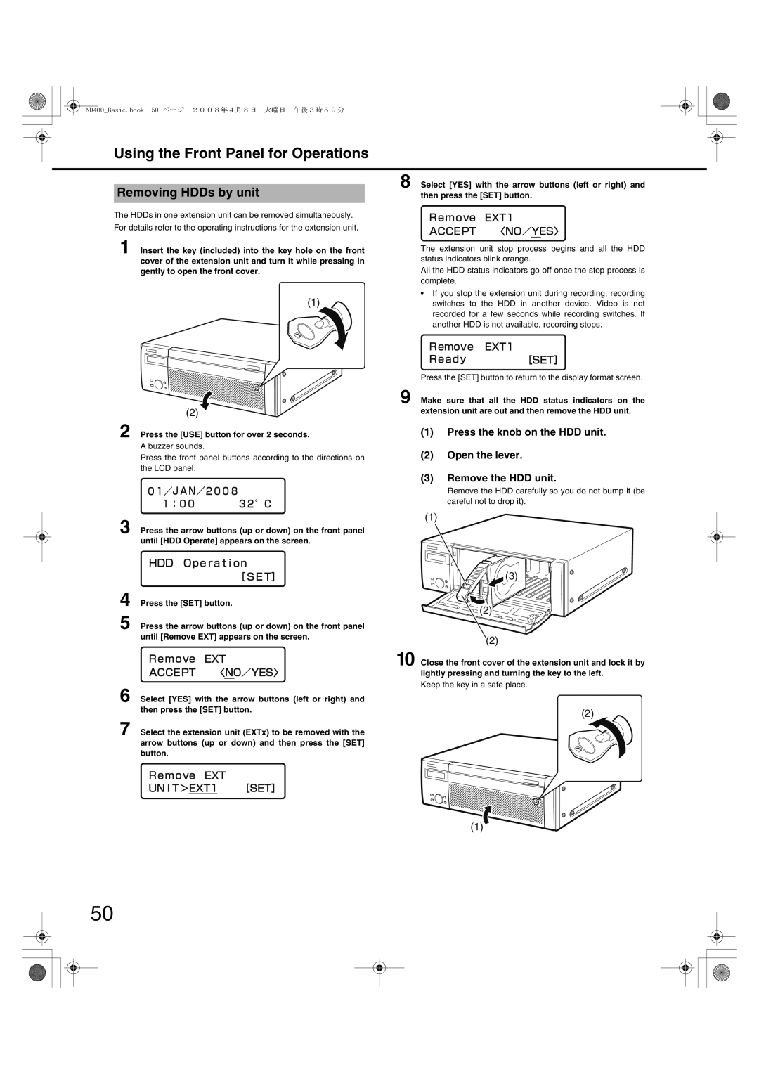 Panasonic WJ-ND400 manual Removing HDDs by unit, Press the knob on the HDD unit, Open the lever Remove the HDD unit 