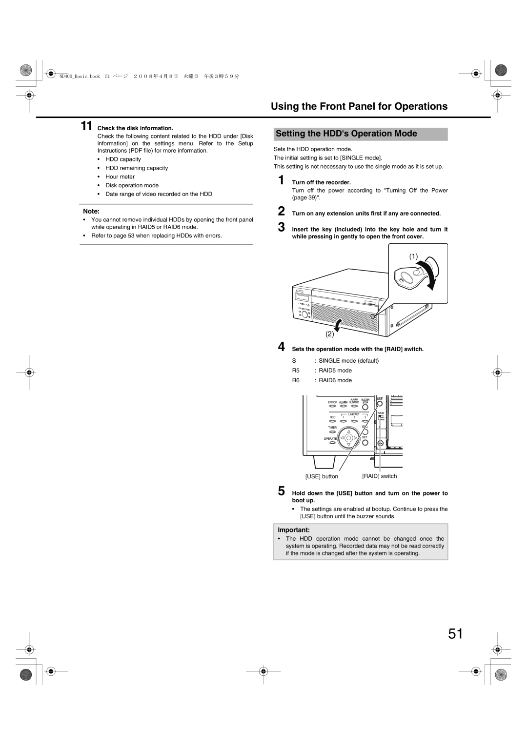 Panasonic WJ-ND400 manual Setting the HDDs Operation Mode, Turn off the recorder 