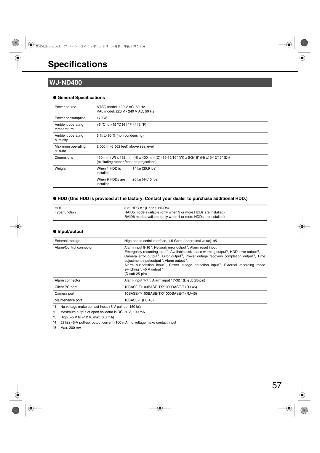 Panasonic WJ-ND400 manual General Specifications, Input/output 