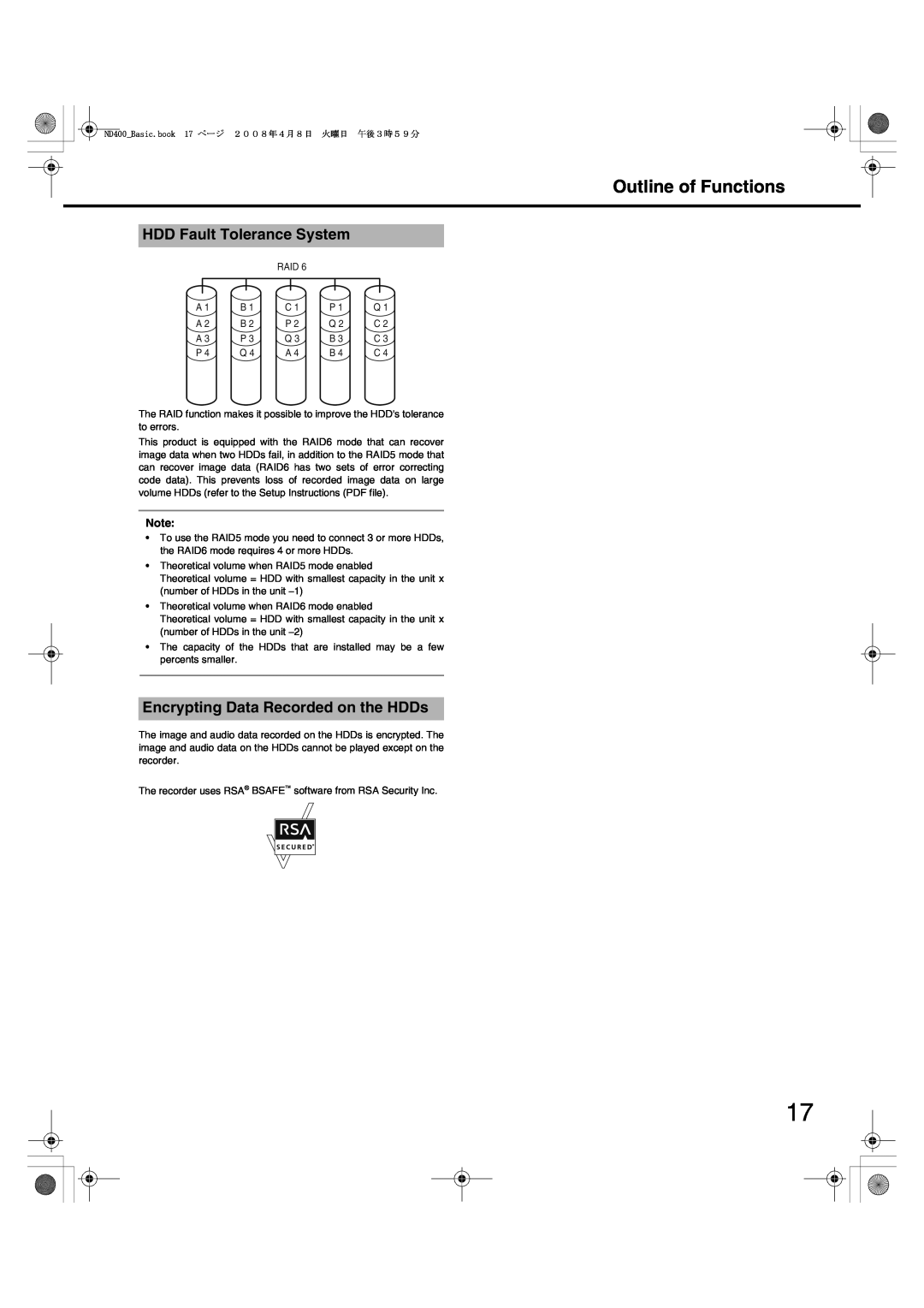 Panasonic WJ-ND400 manual Outline of Functions, HDD Fault Tolerance System, Encrypting Data Recorded on the HDDs, Raid 