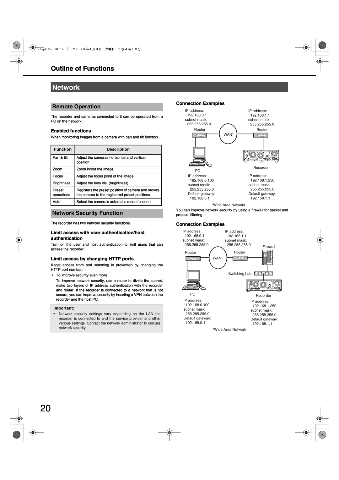 Panasonic WJ-ND400 Network, Enabled functions, Limit access by changing HTTP ports, Connection Examples, Function, Router 